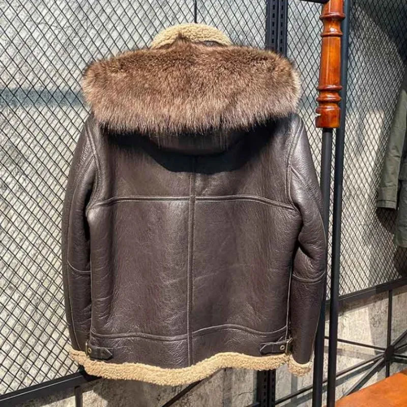 Plus Size 7XL Coats Men Winter Sheep Shearling Overcoat Thick Warm Real Fur Lining Jacket Hoodie Pilot Genuine Leather Jacket