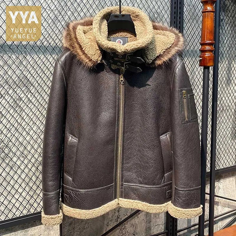 Plus Size 7XL Coats Men Winter Sheep Shearling Overcoat Thick Warm Real Fur Lining Jacket Hoodie Pilot Genuine Leather Jacket