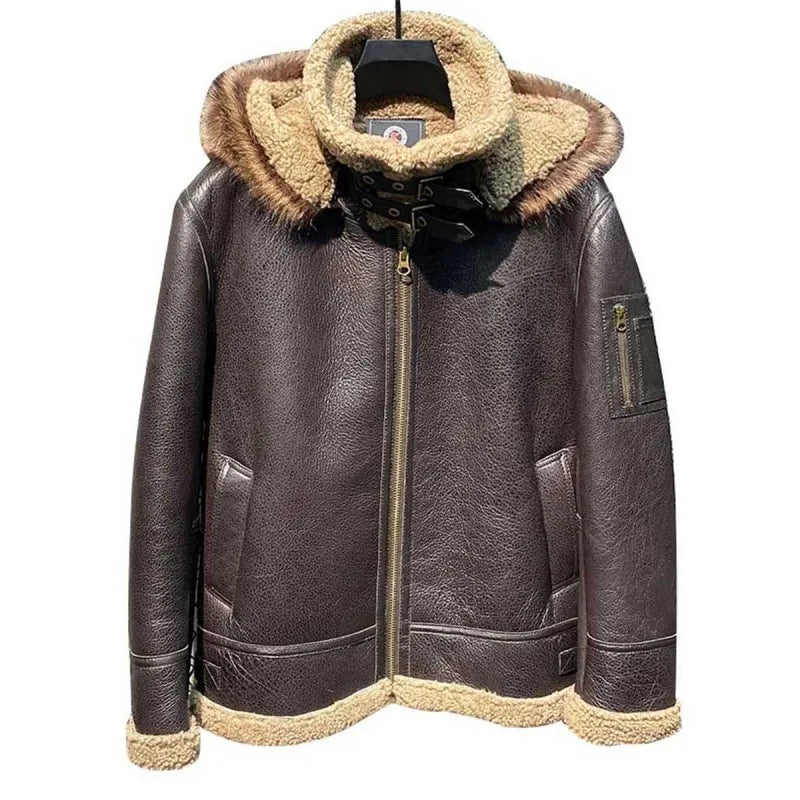 Plus Size 7XL Coats Men Winter Sheep Shearling Overcoat Thick Warm Real Fur Lining Jacket Hoodie Pilot Genuine Leather Jacket