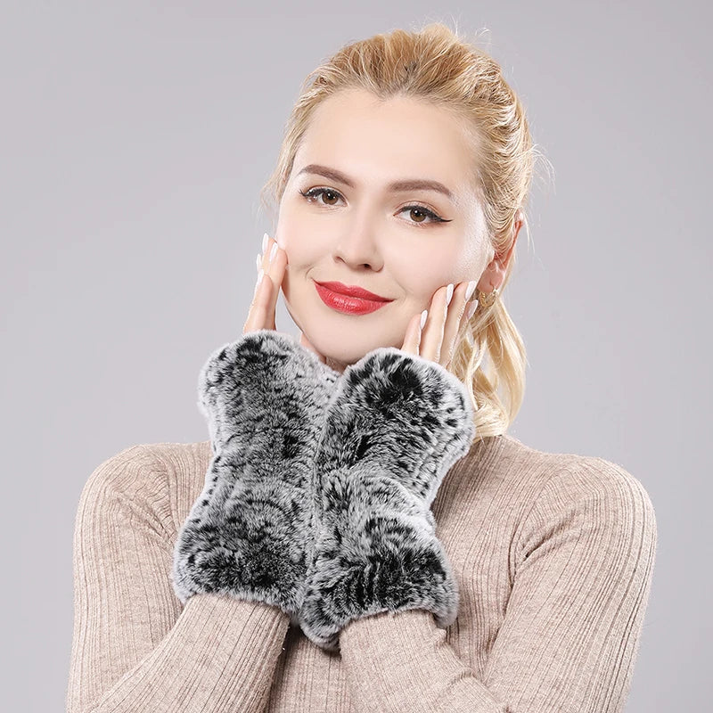 New Women 100% Real Genuine Knitted Rex Rabbit Fur Mittens Winter Warm Lady Real Fur Fingerless Gloves Handmade Knit Fur Mitten