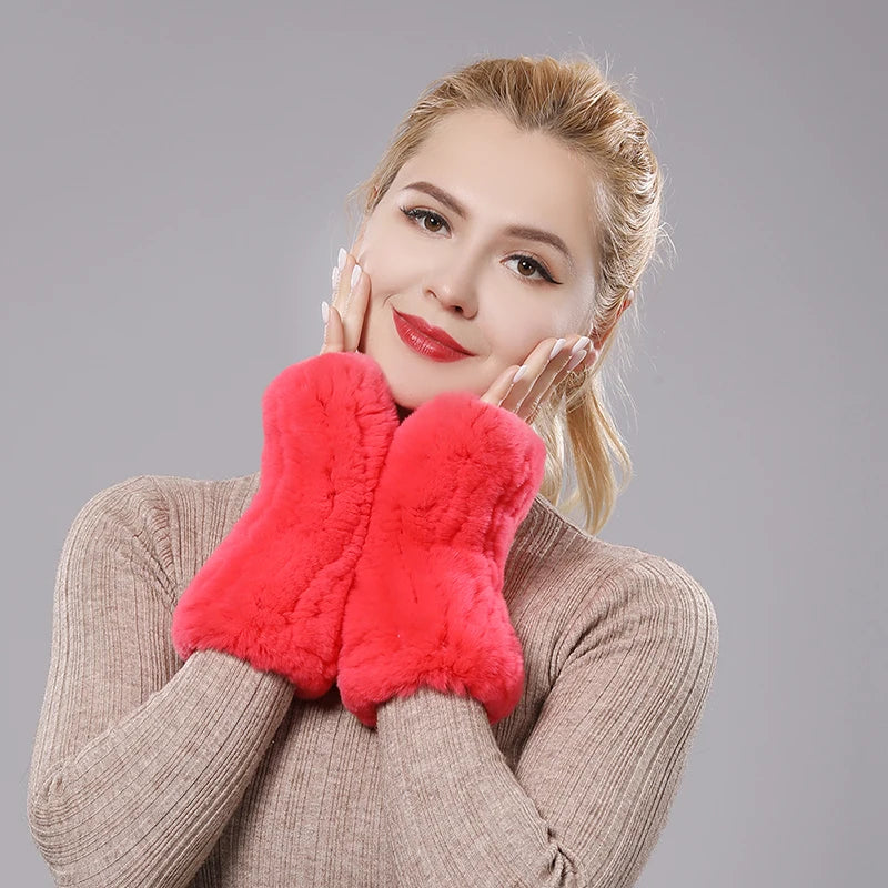 New Women 100% Real Genuine Knitted Rex Rabbit Fur Mittens Winter Warm Lady Real Fur Fingerless Gloves Handmade Knit Fur Mitten