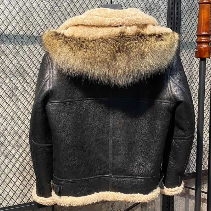 Plus Size 7XL Coats Men Winter Sheep Shearling Overcoat Thick Warm Real Fur Lining Jacket Hoodie Pilot Genuine Leather Jacket