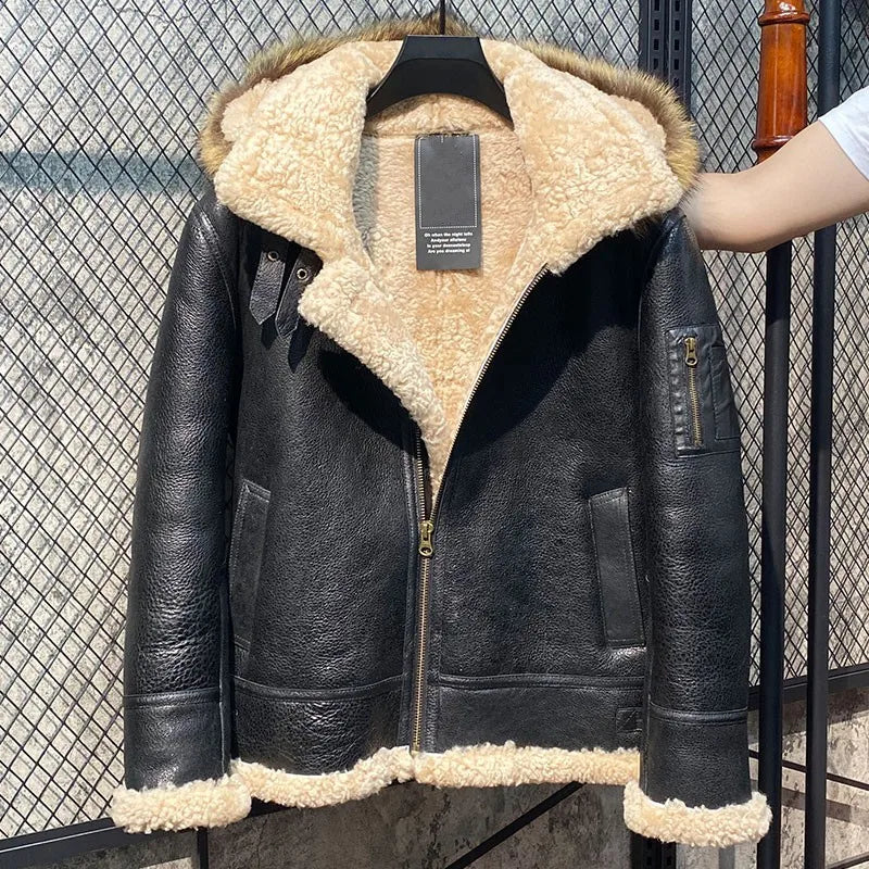 Plus Size 7XL Coats Men Winter Sheep Shearling Overcoat Thick Warm Real Fur Lining Jacket Hoodie Pilot Genuine Leather Jacket