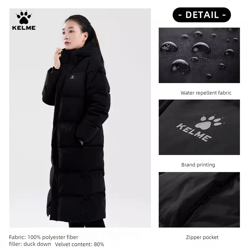 Kelme Long Down Men Winter Jacket Hooded Warm Windproof Couple Camping Equipment Paragraph Down Coat Jacket Women Утепленный