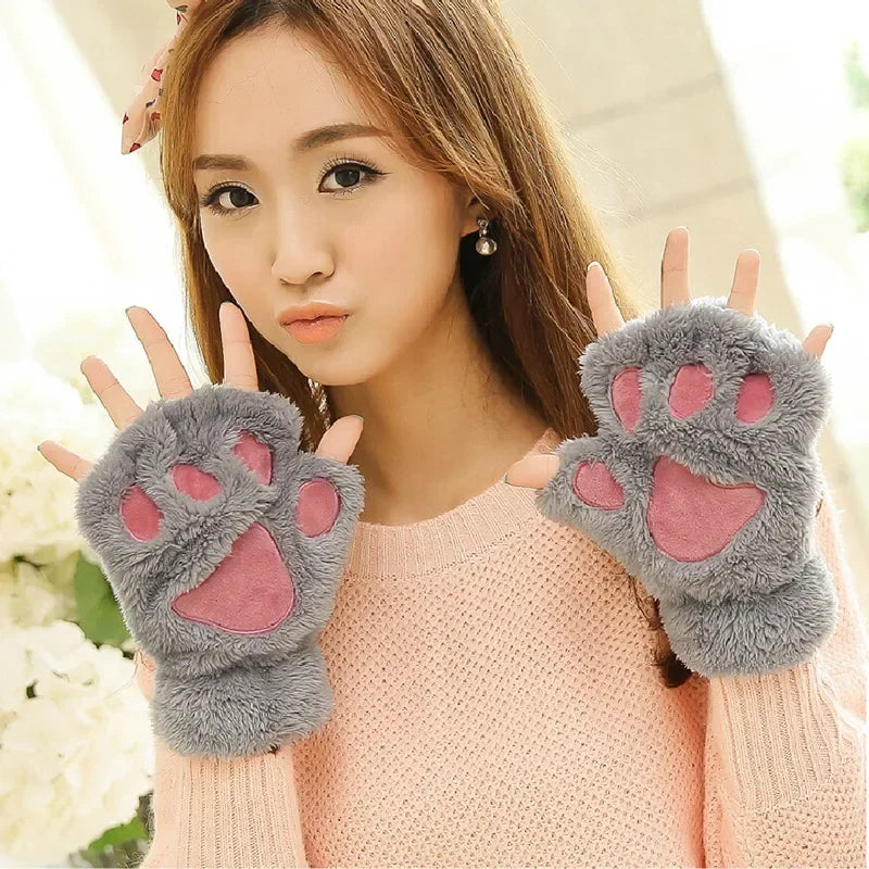 Kawaii Women Cat Gloves Fashion Girls Cat Claw Paw Plush Mittens Warm Soft Plush Short Fingerless HalfFinger Winter Thick Gloves