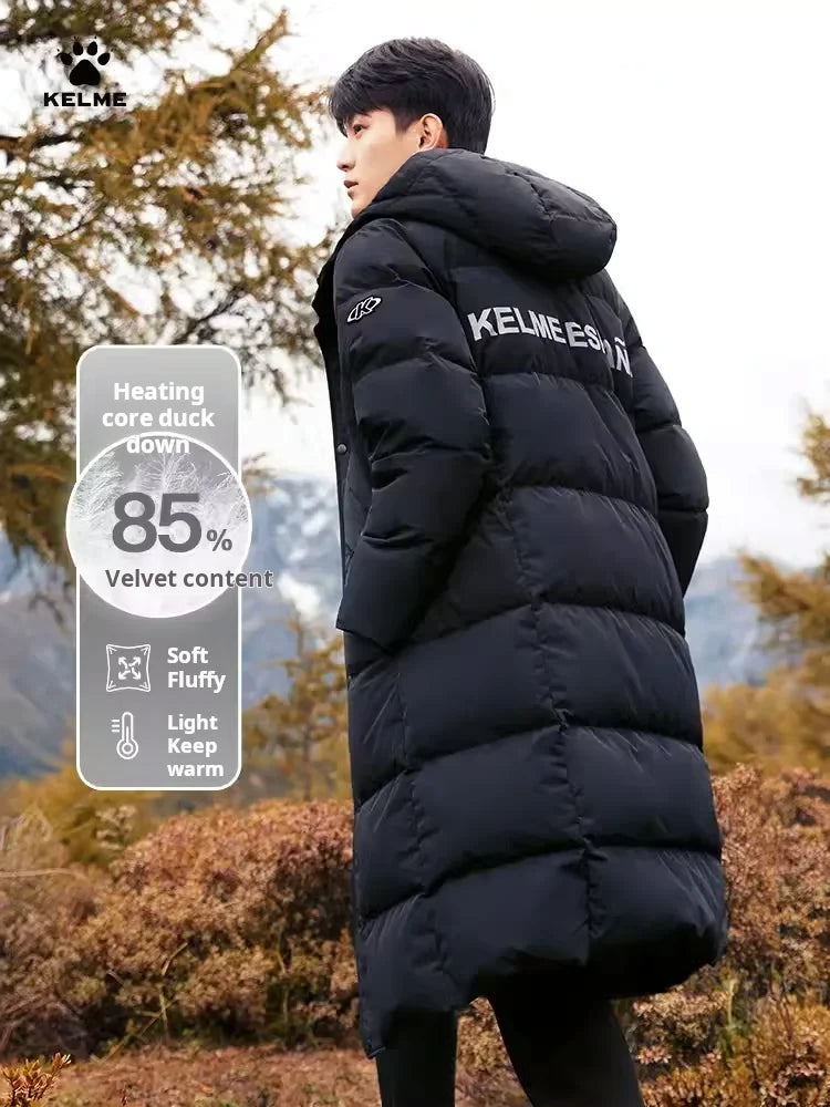 Kelme Long Down Men Winter Jacket Hooded Warm Windproof Couple Camping Equipment Paragraph Down Coat Jacket Women Утепленный