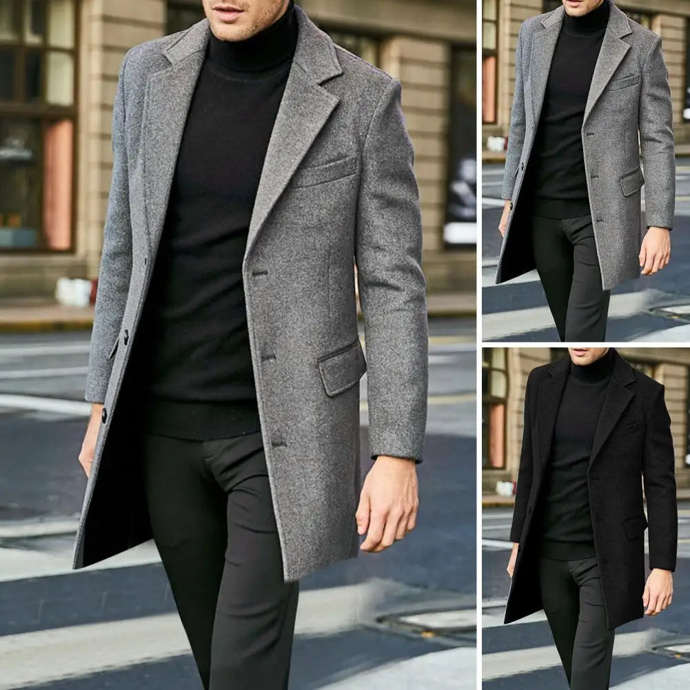 Button Closure Coat Solid Color Lapel Coat Stylish Men's Mid-length Winter Overcoat with Lapel Flap Pockets for Warmth