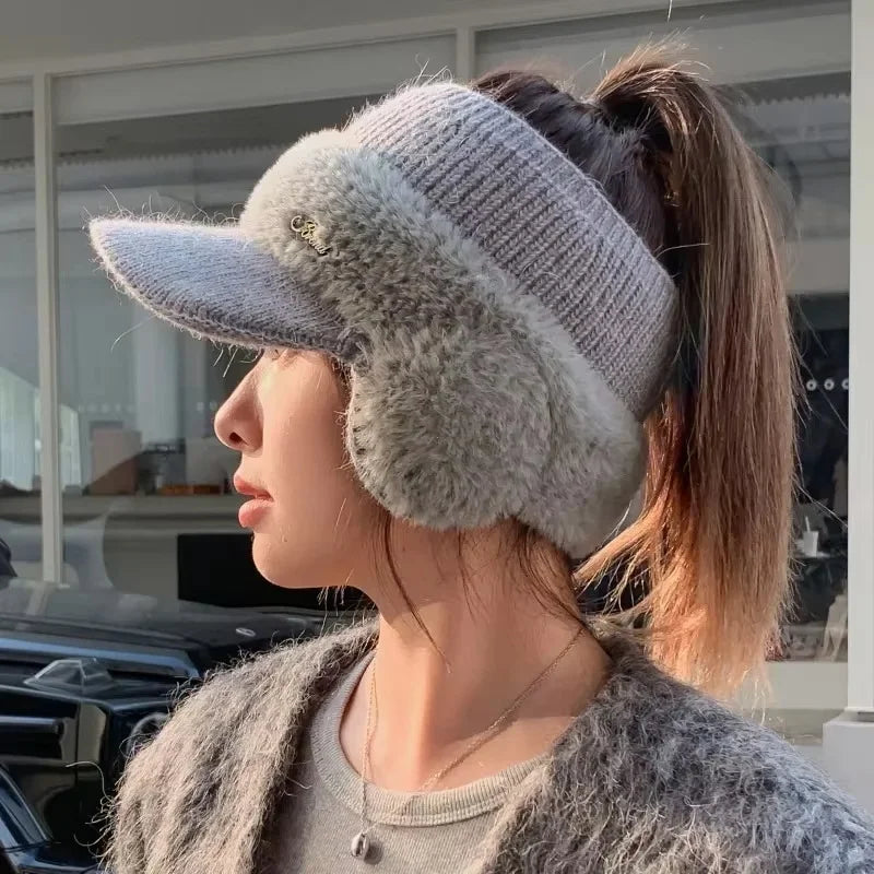 Winter Hat for Women 2024 New Fashion Winter Warm Ear Wing Knitted Cap Baseball Cap Outdoor Sports Windproof Ponytail Hat Visor