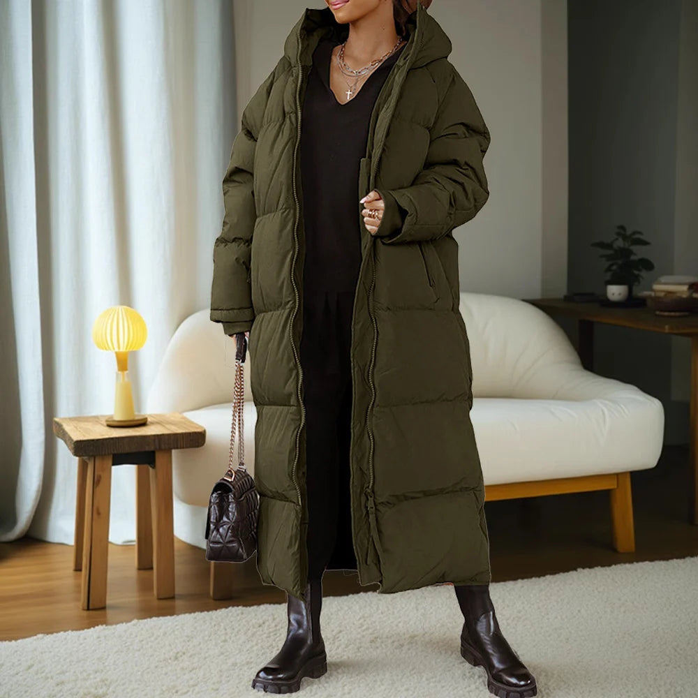 2025 Winter Solid Plus Size Hooded Long Coat Women Elegant Pocket Long Sleeve Jacket Lady Loose Large Zipper Thick Warm Outwear