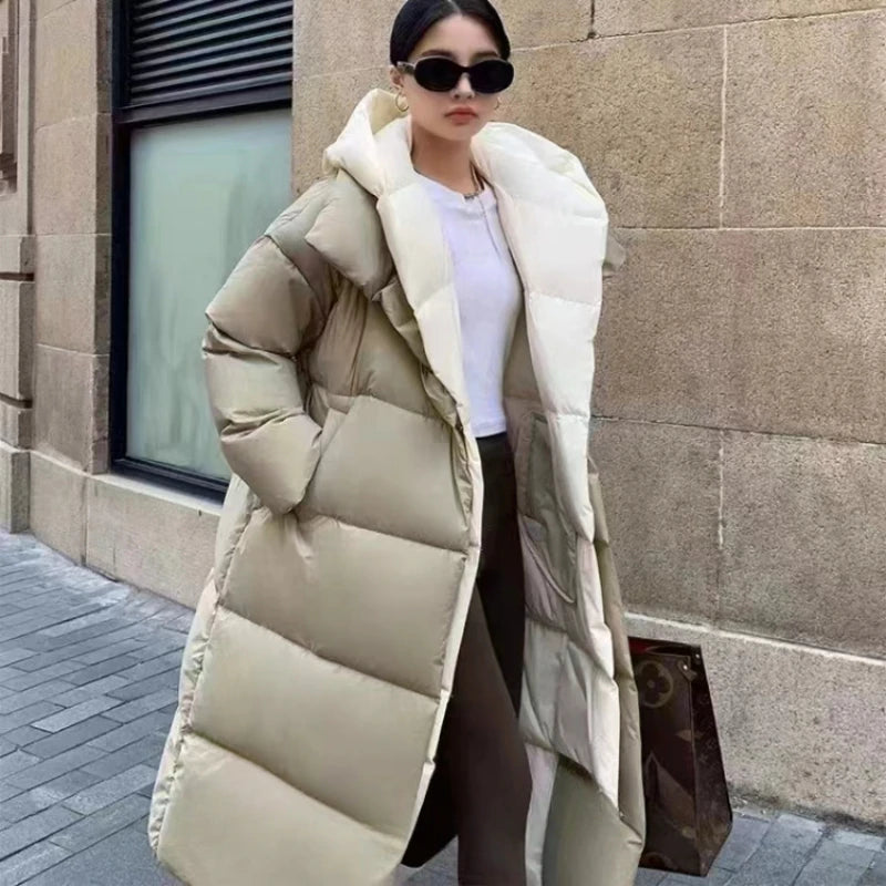 Women's Down Jacket Long Knee Winter Trends Stylish & Warm Coat Pike Coat 2024 New High-end Hooded Fake Two Piece Down Jacket