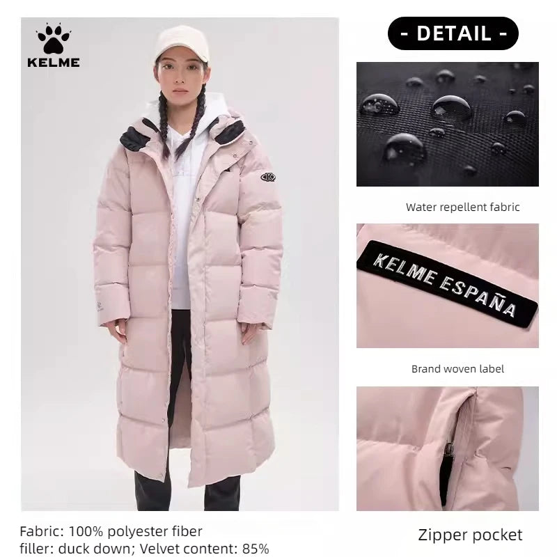 Kelme Long Down Men Winter Jacket Hooded Warm Windproof Couple Camping Equipment Paragraph Down Coat Jacket Women Утепленный