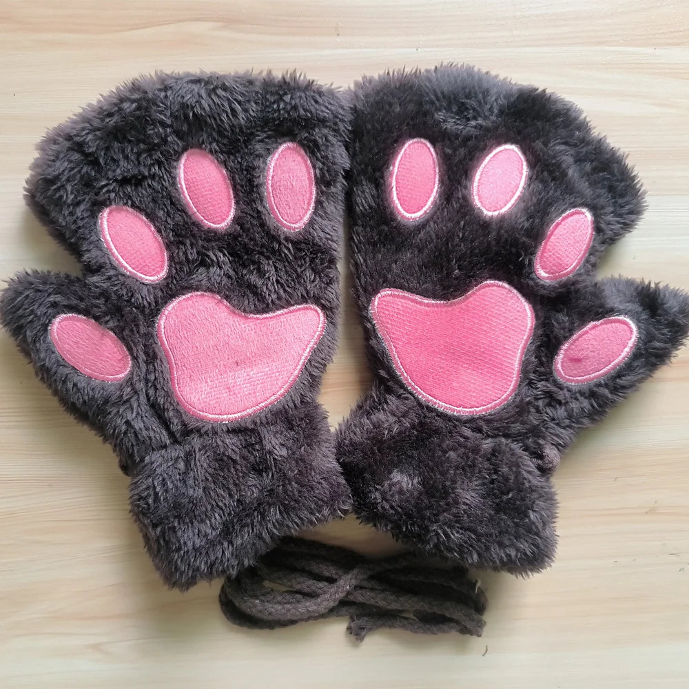 Lovely Plush Cat Claw Paw Gloves Plush Mittens Warm Soft Plush Short Fingerless Fluffy Bear Gloves Costume Half Finger Gloves