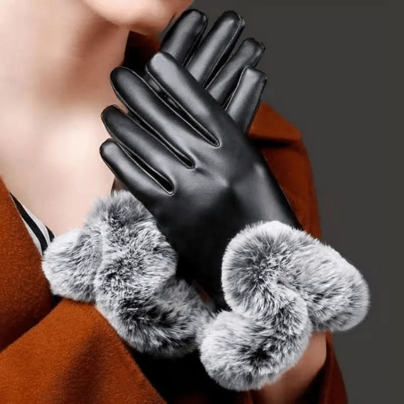 Fashion Winter Gloves Women Black Waterproof Faux PU Leather Cashmere Warm Gloves Driving Mittens Touch Screen Gloves