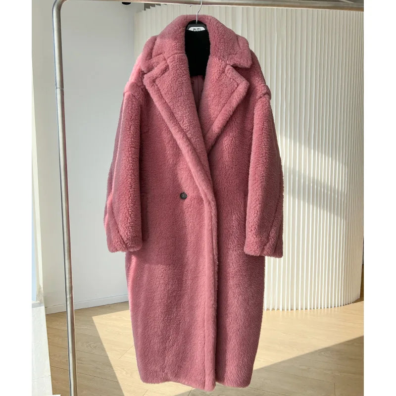 New M House teddy Bear coat silhouette Teddy grain alpaca fleece coat lady  MIDI style