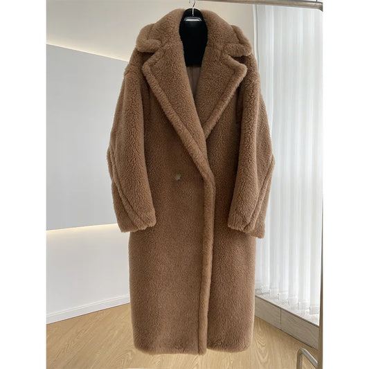 New M House teddy Bear coat silhouette Teddy grain alpaca fleece coat lady  MIDI style