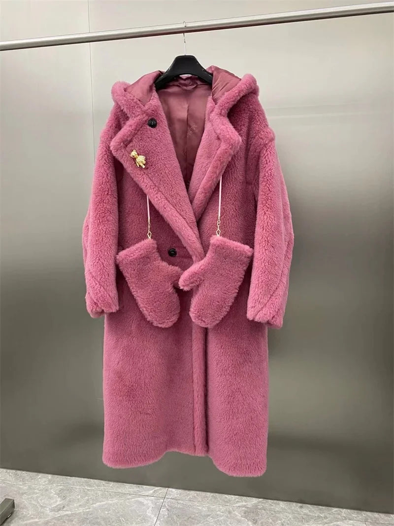 Max Teddy Coat 62% Alpaca 26% Wool 12% Silk Coat Winter Thicken Women's Coat With Hood