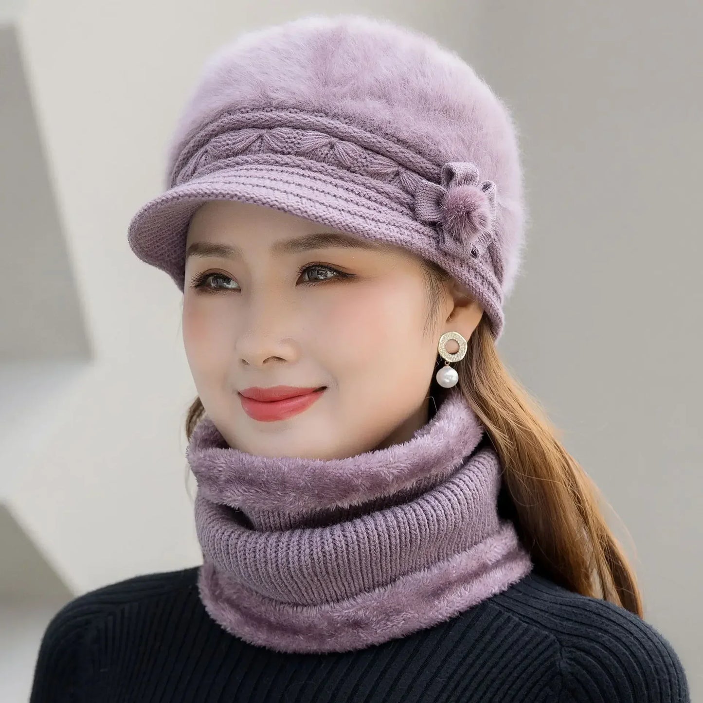 2024 Hot Women Winter Hat Keep Warm Cap Fur Lined Hat And Scarf Set Warm Hats For Female Casual Rabbit Fur Winter Knitted Hat