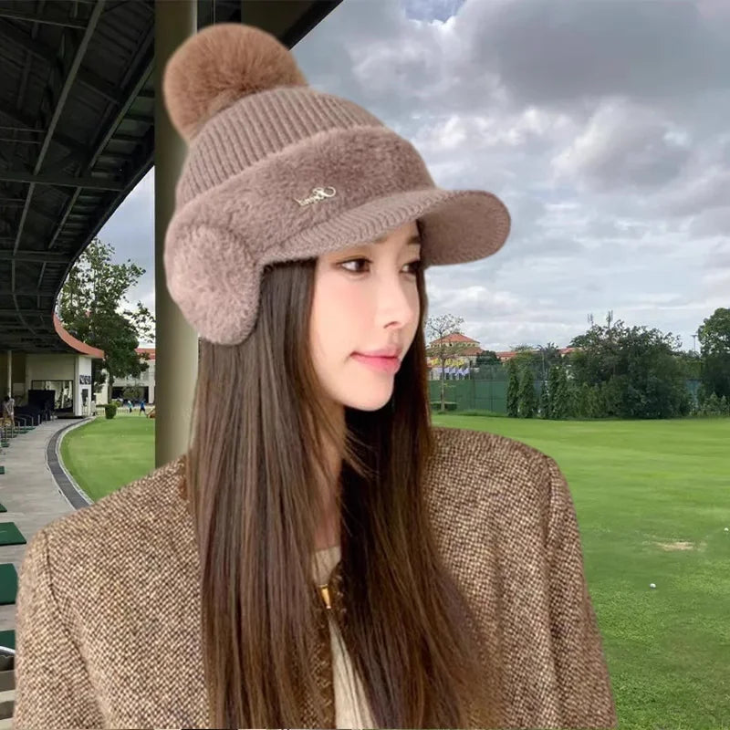 Winter Hat for Women 2024 New Fashion Winter Warm Ear Wing Knitted Cap Baseball Cap Outdoor Sports Windproof Ponytail Hat Visor