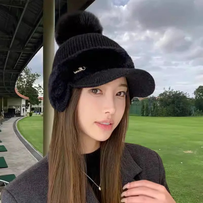 Winter Hat for Women 2024 New Fashion Winter Warm Ear Wing Knitted Cap Baseball Cap Outdoor Sports Windproof Ponytail Hat Visor