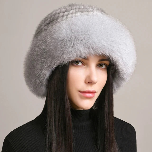 New Genuine Real Natural Knitted Mink Fur Hat Cap Luxury Women Handmade Knit Fashion Winter Headwear Warm Real Fox Fur Beanies