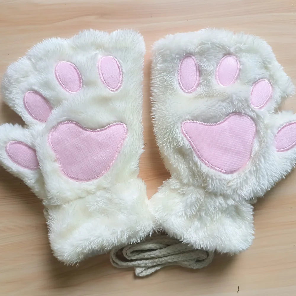 Lovely Plush Cat Claw Paw Gloves Plush Mittens Warm Soft Plush Short Fingerless Fluffy Bear Gloves Costume Half Finger Gloves