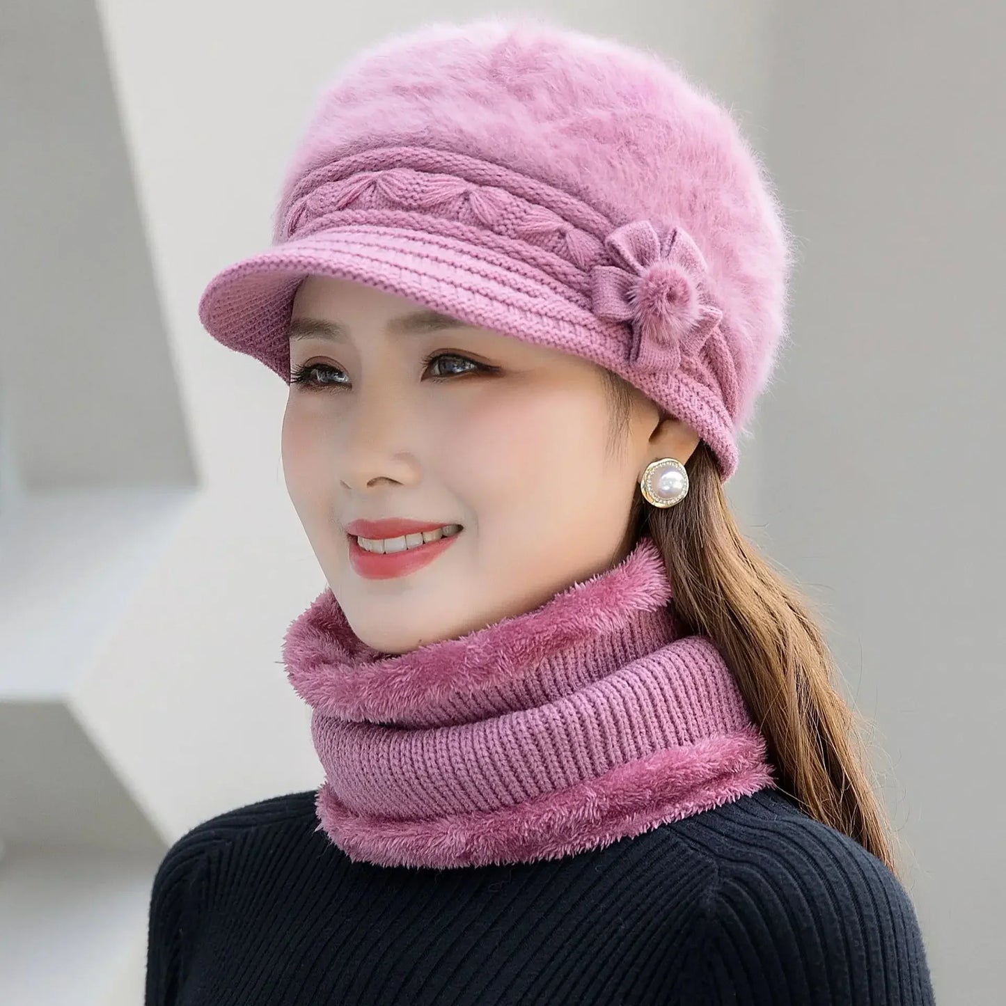 2024 Hot Women Winter Hat Keep Warm Cap Fur Lined Hat And Scarf Set Warm Hats For Female Casual Rabbit Fur Winter Knitted Hat