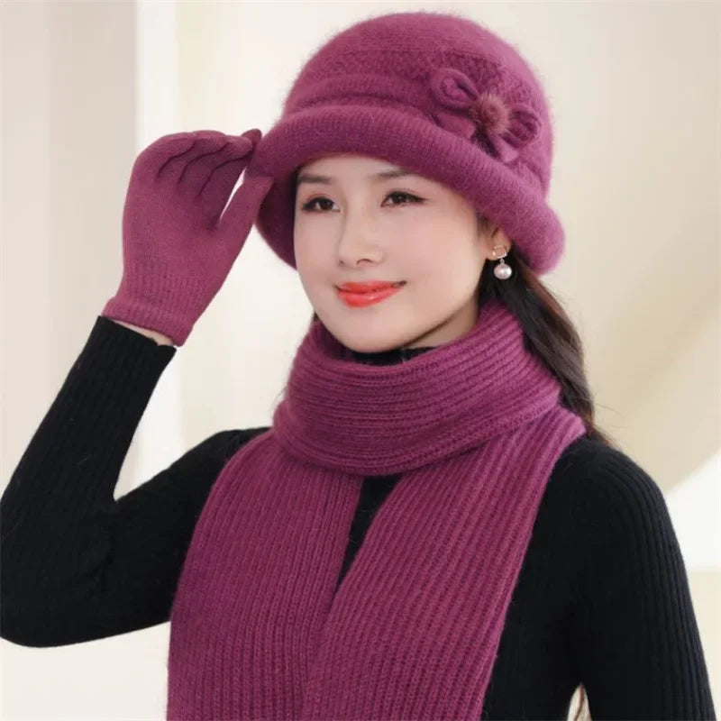 Autumn Winter Warm Fleece-Lined Knit Rabbit Hat Women's Thickened Scarf Bowl Hat Korean Trendy For Middle-Aged And Elderly