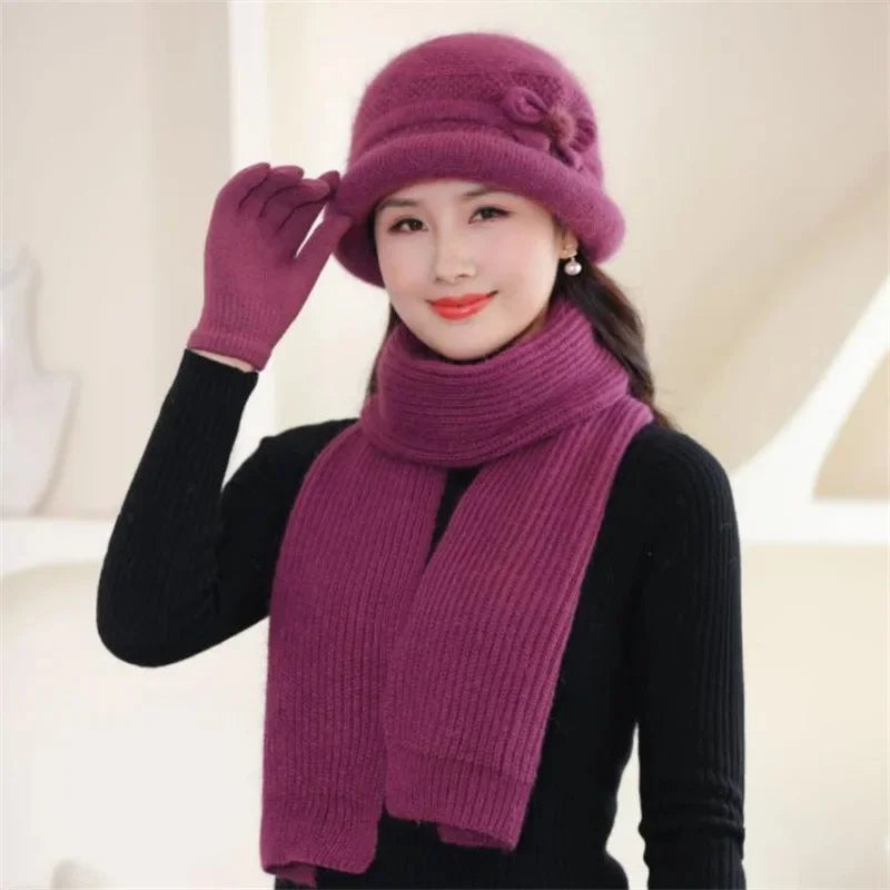 Autumn Winter Warm Fleece-Lined Knit Rabbit Hat Women's Thickened Scarf Bowl Hat Korean Trendy For Middle-Aged And Elderly