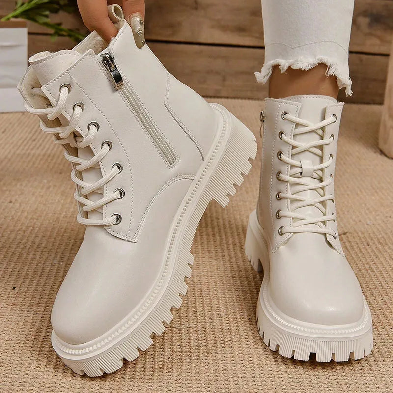 Pu Leather Warm Motorcycle Boots Women Lace-Up Plush Winter Ankle Boots Woman Balck Beige Flat Heel Non-Slip Cotton Botas Mujer