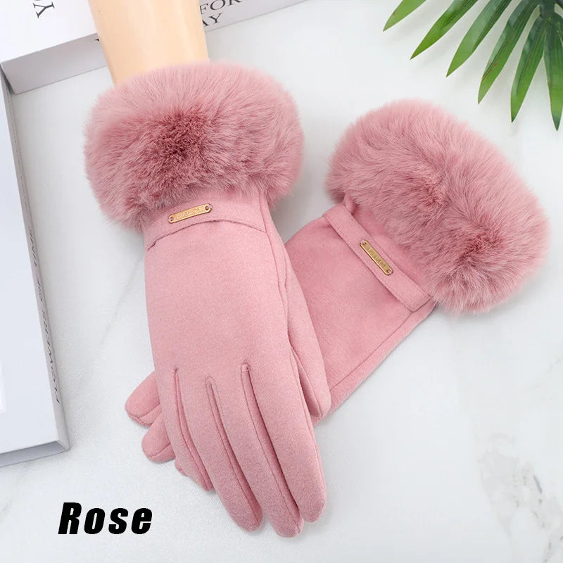 Women Touchscreen Gloves-Soft Double-Layered Faux Rabbit Fur For Ultimate Cold Weather Protection,Windproof,Water-Resistant