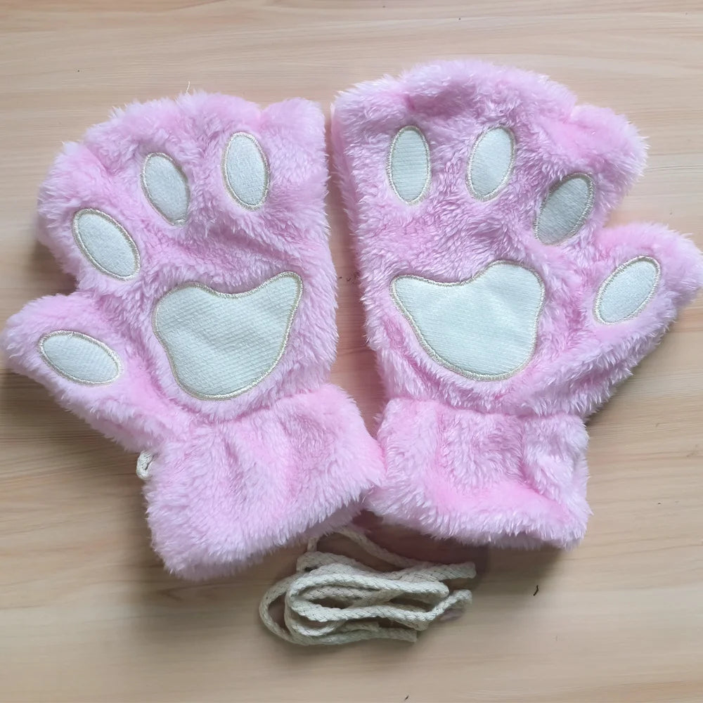 Lovely Plush Cat Claw Paw Gloves Plush Mittens Warm Soft Plush Short Fingerless Fluffy Bear Gloves Costume Half Finger Gloves