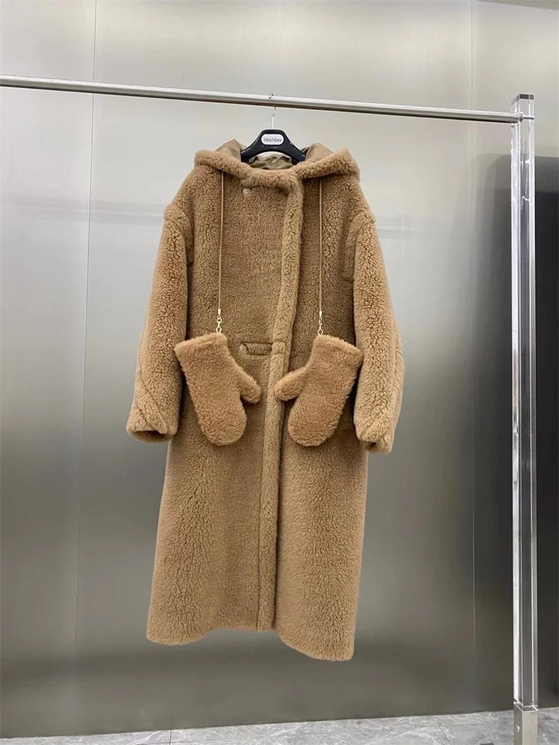 Max Teddy Coat 62% Alpaca 26% Wool 12% Silk Coat Winter Thicken Women's Coat With Hood