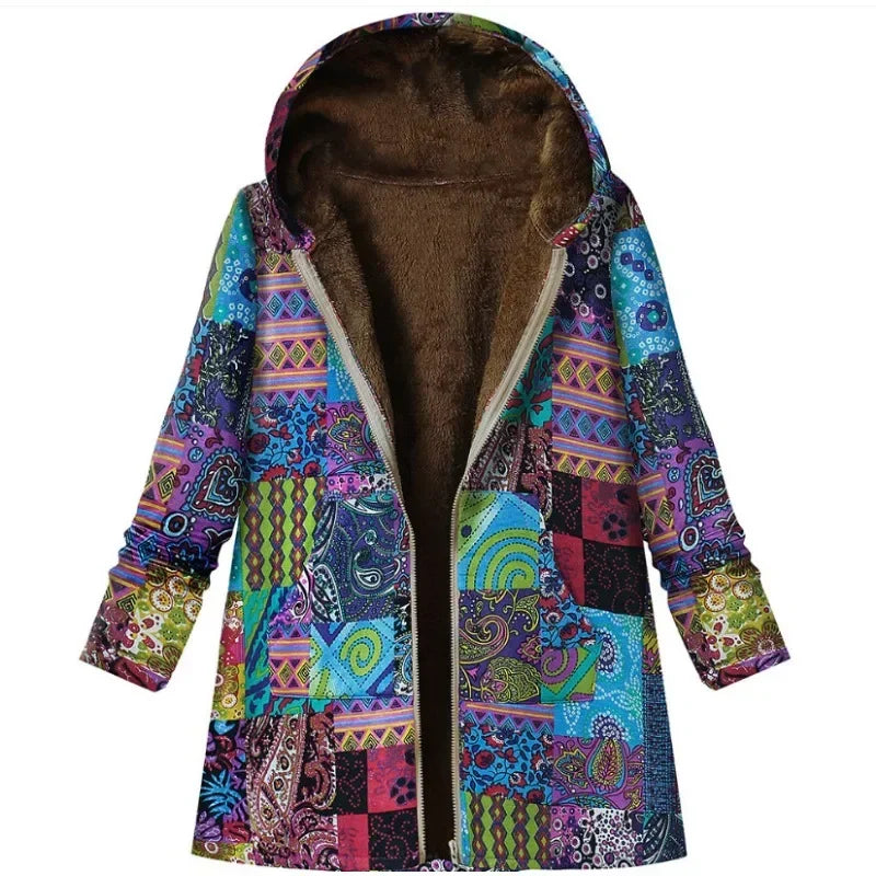 Women's Floral Jacket Large Size Warm Plush Retro Jacket Oversized Hooded Jacket Coats and Jackets Women Zip Hooded Coat