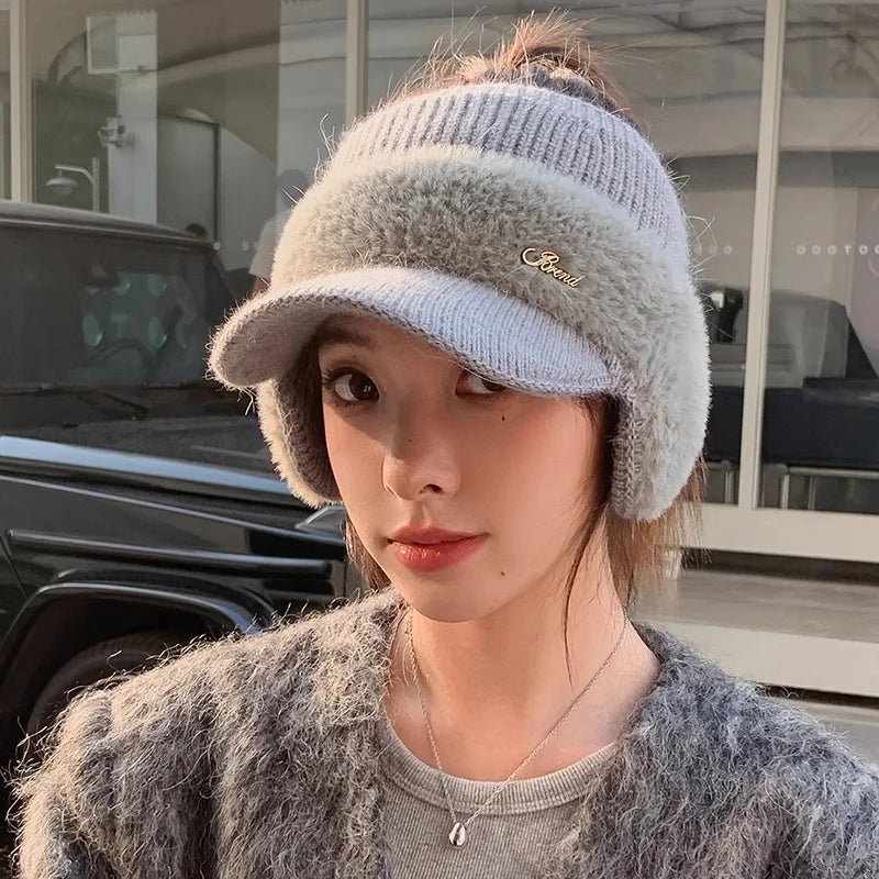 Winter Hat for Women 2024 New Fashion Winter Warm Ear Wing Knitted Cap Baseball Cap Outdoor Sports Windproof Ponytail Hat Visor