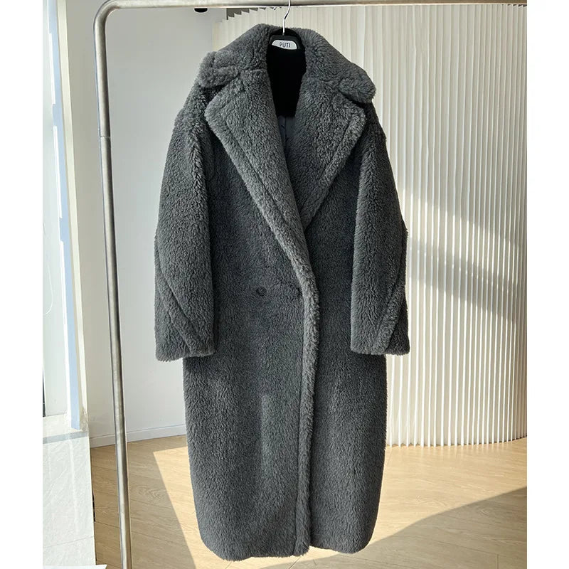 New M House teddy Bear coat silhouette Teddy grain alpaca fleece coat lady  MIDI style