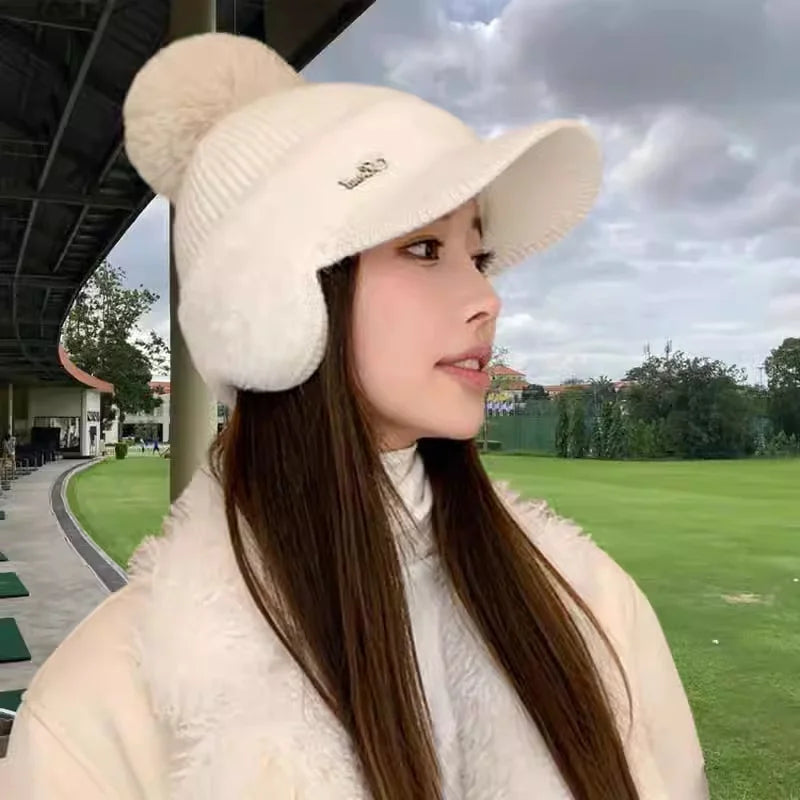 Winter Hat for Women 2024 New Fashion Winter Warm Ear Wing Knitted Cap Baseball Cap Outdoor Sports Windproof Ponytail Hat Visor