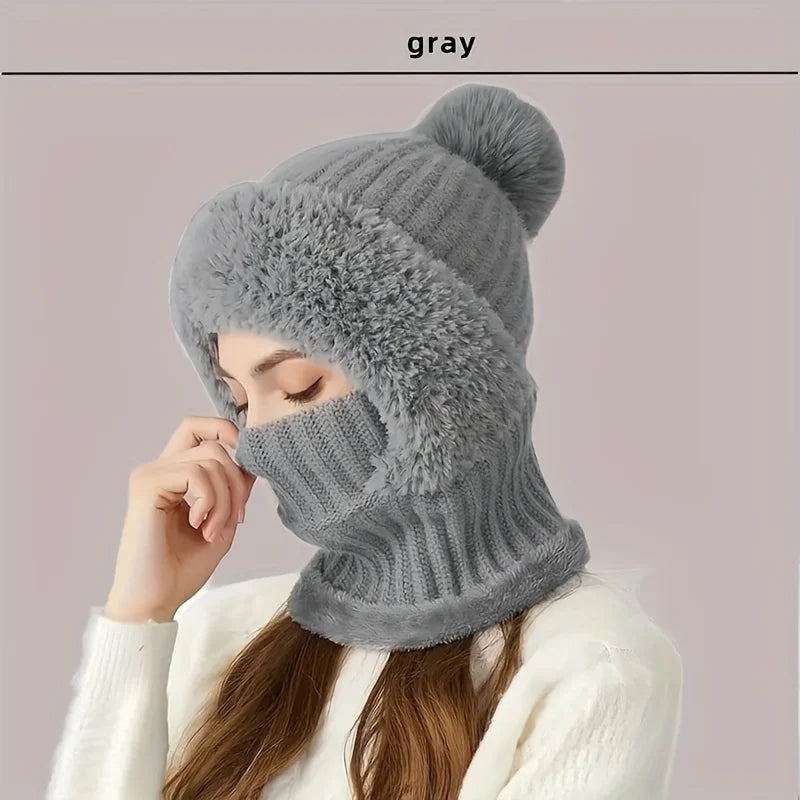 Winter Warm Cycling Hat Face Mask Cold-proof Thermal knitting Plush Balaclava Hat Hooded Neck Warmer Outdoor Hike Cycling Cap