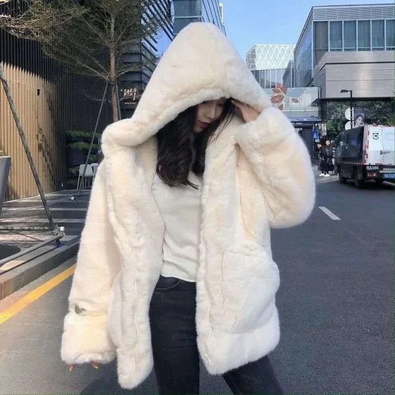 Thickened Mink Velvet Coat Women Winter Clothes Women New Korean Jacket Version Loose Imitation Rabbit Fur Plush Hooded Fur Coat