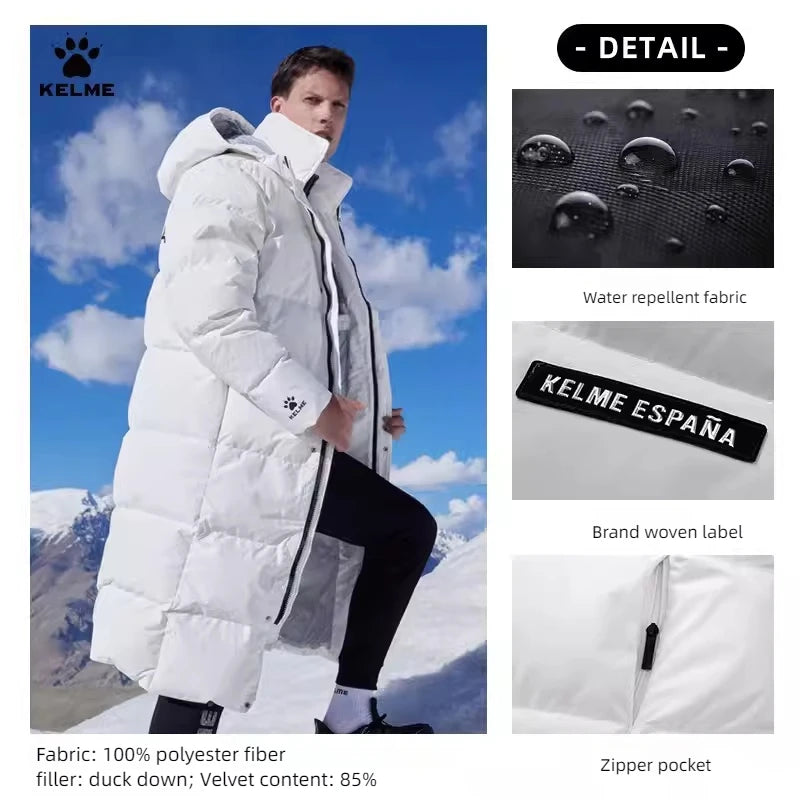 Kelme Long Down Men Winter Jacket Hooded Warm Windproof Couple Camping Equipment Paragraph Down Coat Jacket Women Утепленный