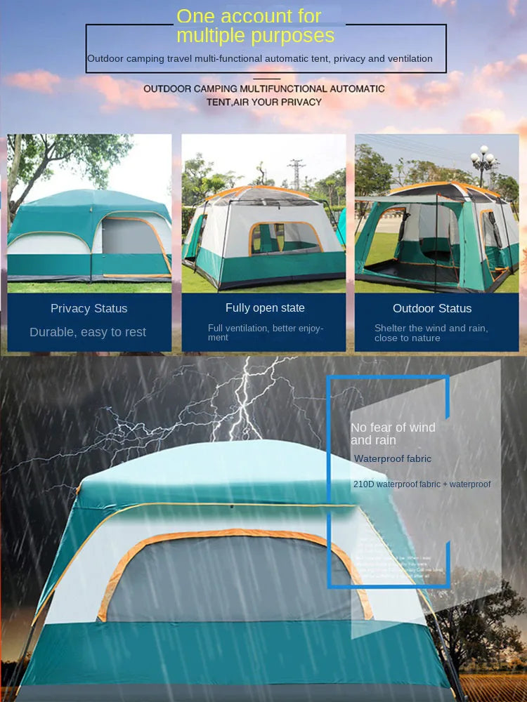 Portable Thickened Camping Tent for Family, Outdoor Large Tent, Rainproof and Waterproof, 2-Person, One Hall, 3-12 Person