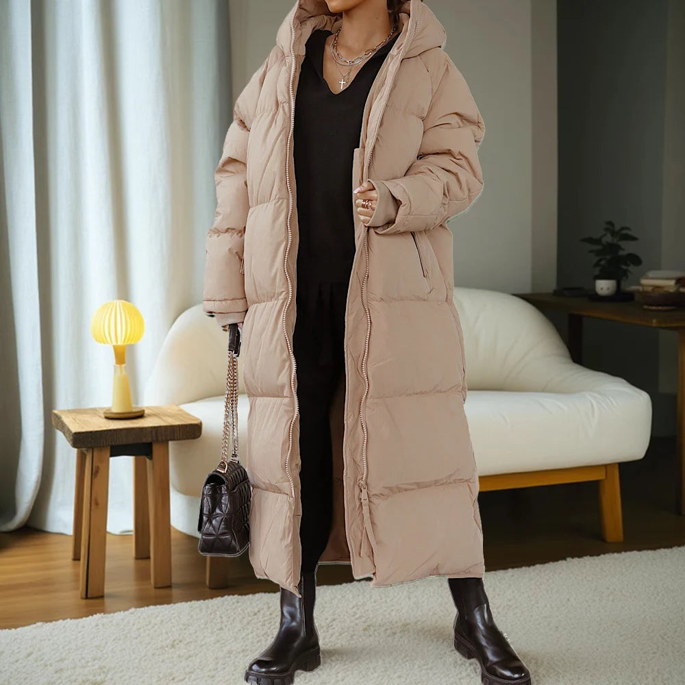 2025 Winter Solid Plus Size Hooded Long Coat Women Elegant Pocket Long Sleeve Jacket Lady Loose Large Zipper Thick Warm Outwear