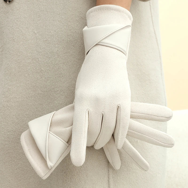 Warm Gloves with Velvet, Suitable for Women to Use in Winter, Touch Screen Elegant Bow Accessories, Cycling and Driving Gloves