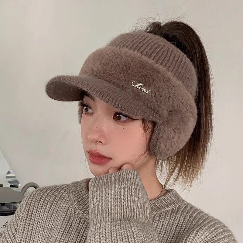 Winter Hat for Women 2024 New Fashion Winter Warm Ear Wing Knitted Cap Baseball Cap Outdoor Sports Windproof Ponytail Hat Visor