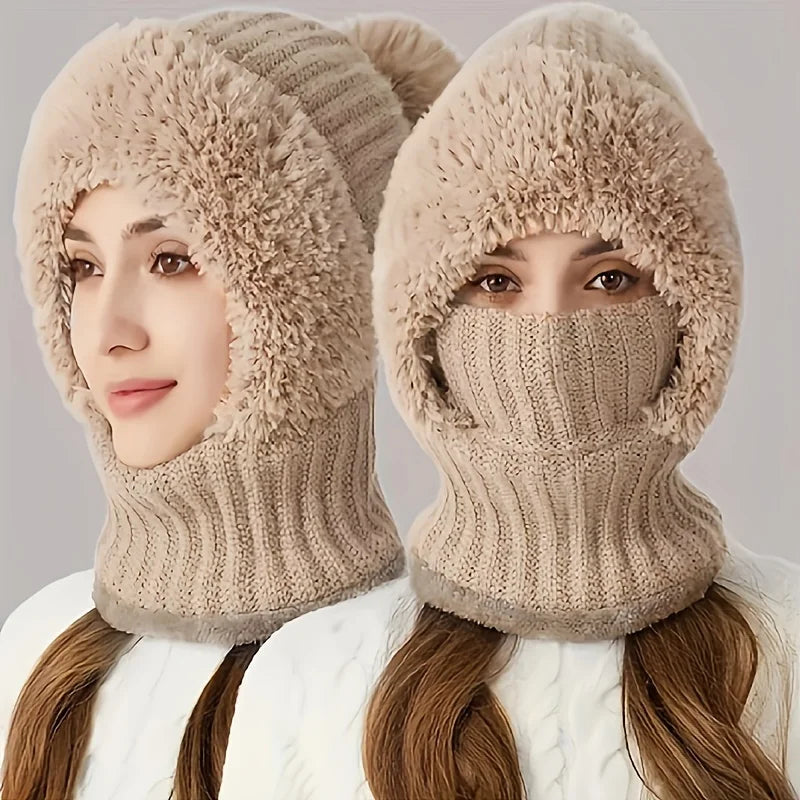 Winter Warm Cycling Hat Face Mask Cold-proof Thermal knitting Plush Balaclava Hat Hooded Neck Warmer Outdoor Hike Cycling Cap