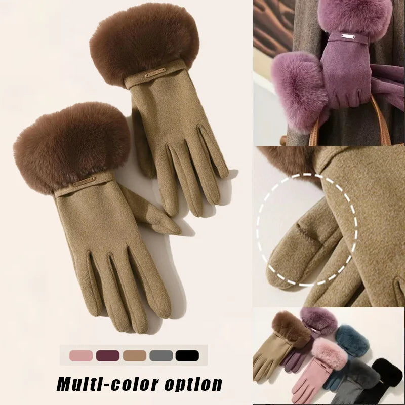 Women Touchscreen Gloves-Soft Double-Layered Faux Rabbit Fur For Ultimate Cold Weather Protection,Windproof,Water-Resistant