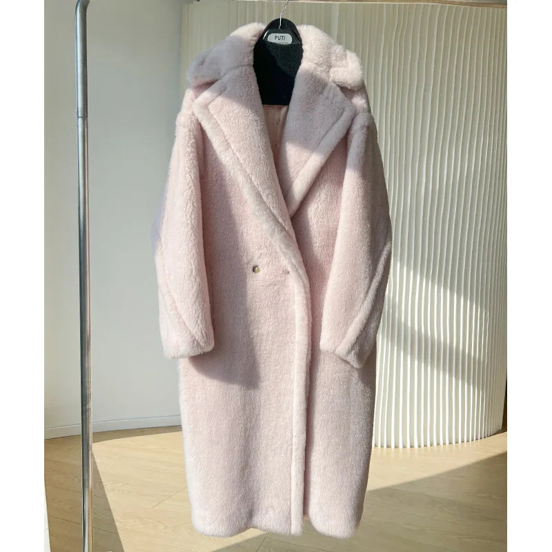 New M House teddy Bear coat silhouette Teddy grain alpaca fleece coat lady  MIDI style