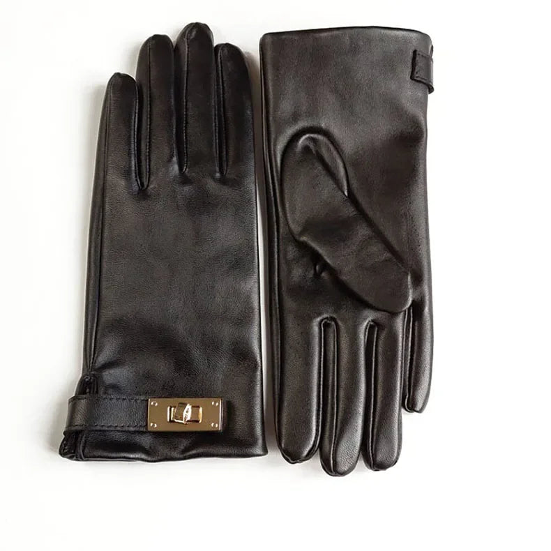 New Women's Ladies Real Leather Black Gloves Touch Screen Sheepskin Gloves With Lock Design