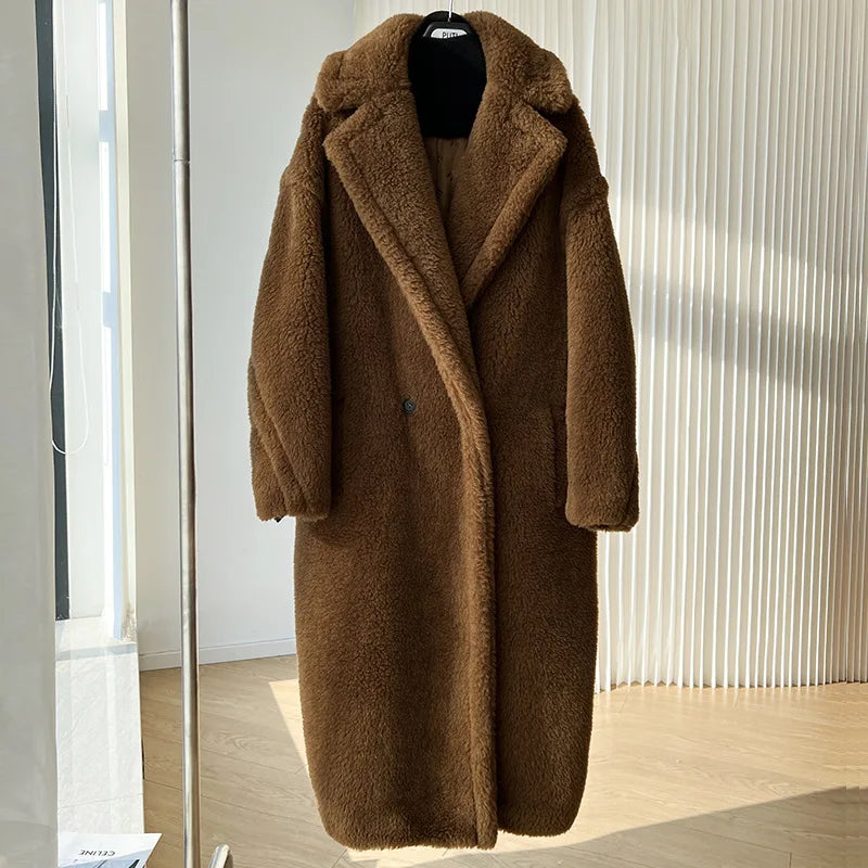 New M House teddy Bear coat silhouette Teddy grain alpaca fleece coat lady  MIDI style