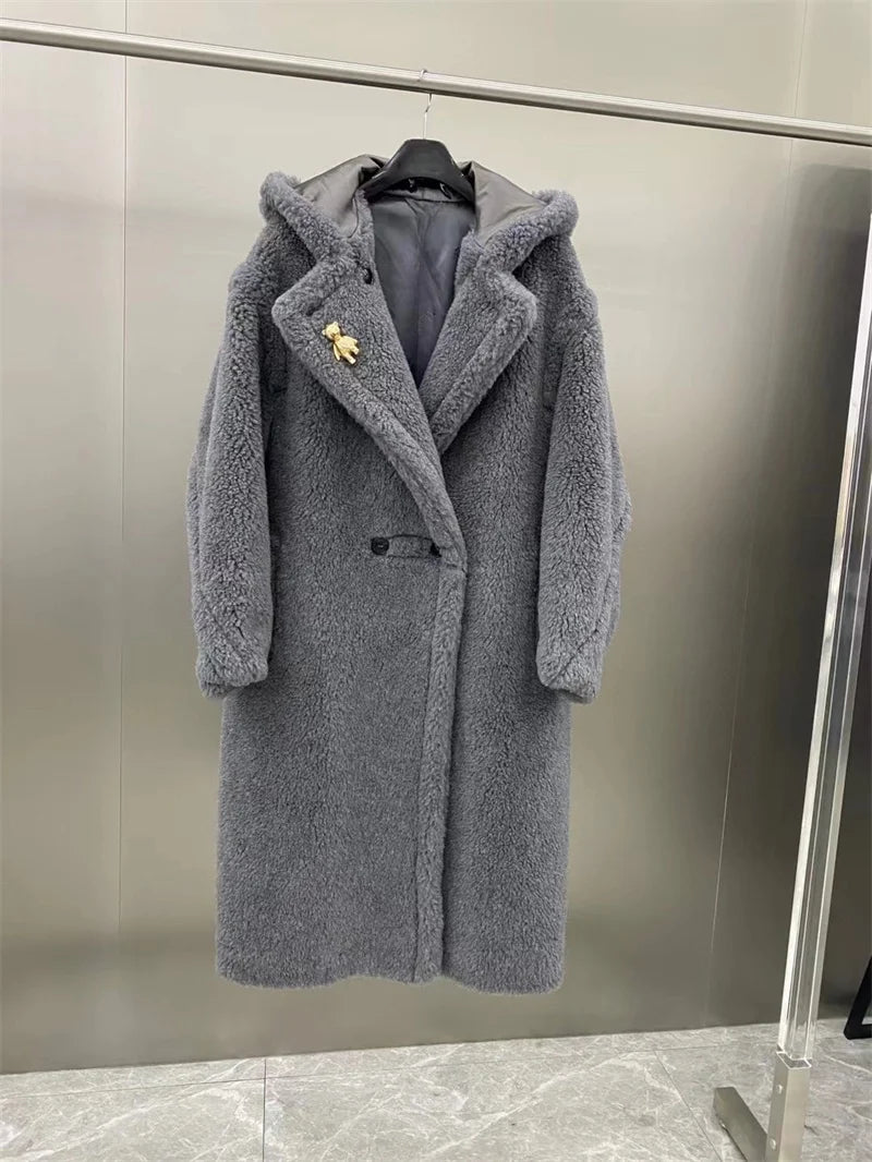 Max Teddy Coat 62% Alpaca 26% Wool 12% Silk Coat Winter Thicken Women's Coat With Hood