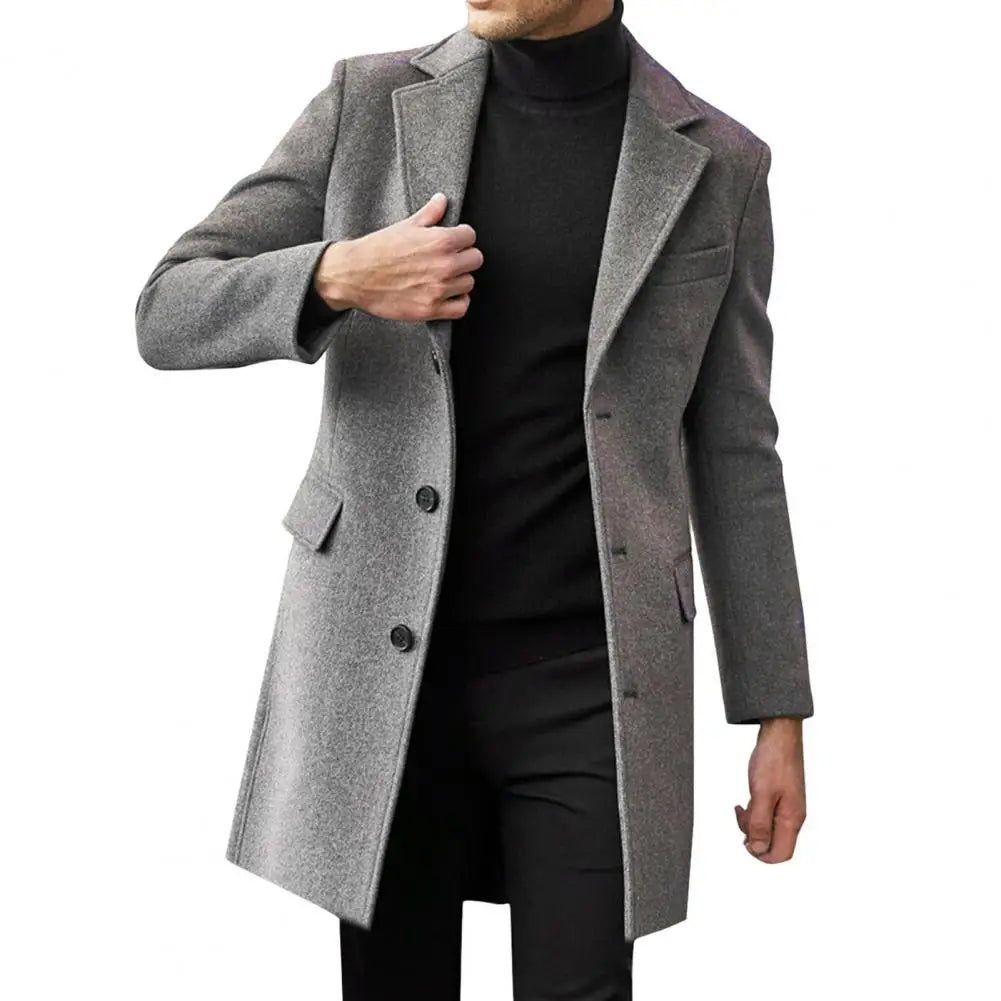 Button Closure Coat Solid Color Lapel Coat Stylish Men's Mid-length Winter Overcoat with Lapel Flap Pockets for Warmth